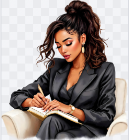 Woman in a black suit sitting on a white chair, writing in a notebook.