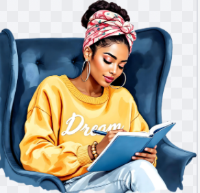 Woman in a yellow sweatshirt with 'Dream' writing, sitting in a blue armchair, holding a notebook.