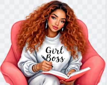 Illustration of a woman with 'Girl Boss' shirt sitting on a red chair holding a pen and notebook.